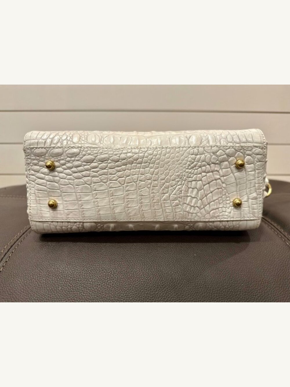 Brahmin White Croc Embossed Leather & Woven Straw Satchel Shoulder Bag - Picture 7 of 16